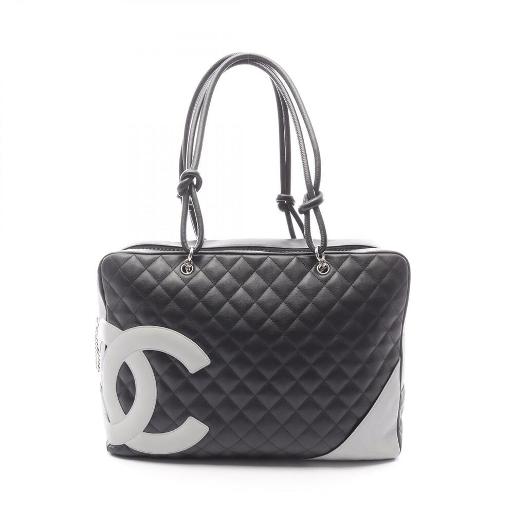 Chanel Cambon Bowling Bag Shoulder Leather Black Gray